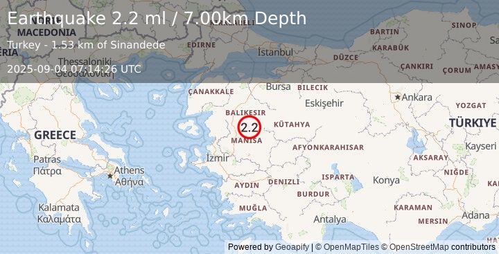 Earthquake WESTERN TURKEY (2.2 ml) (2025-09-04 07:14:26 UTC)