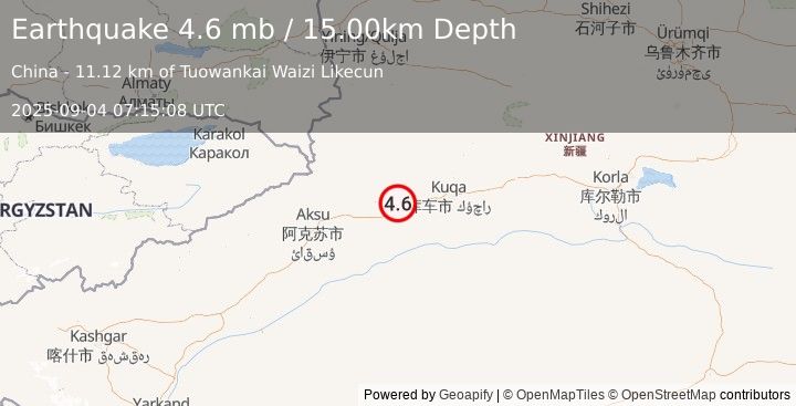 Earthquake SOUTHERN XINJIANG, CHINA (4.6 mb) (2025-09-04 07:15:06 UTC)
