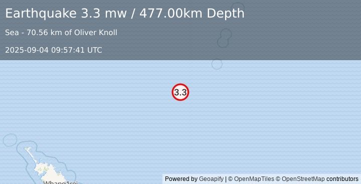 Earthquake SOUTH OF KERMADEC ISLANDS (3.3 mw) (2025-09-04 09:57:41 UTC)