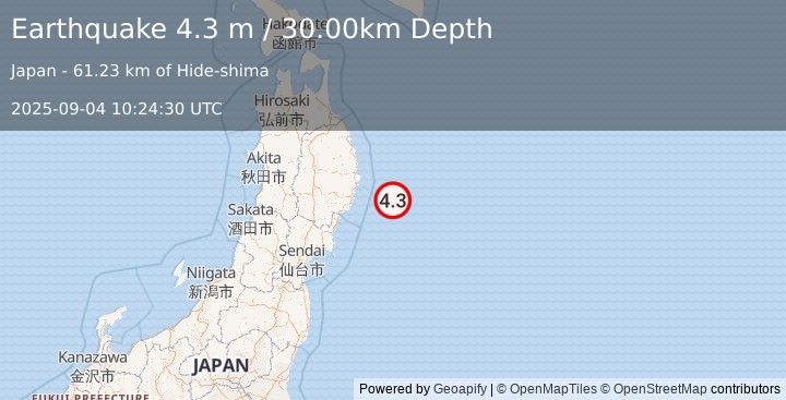 Earthquake NEAR EAST COAST OF HONSHU, JAPAN (4.3 m) (2025-09-04 10:23:57 UTC)