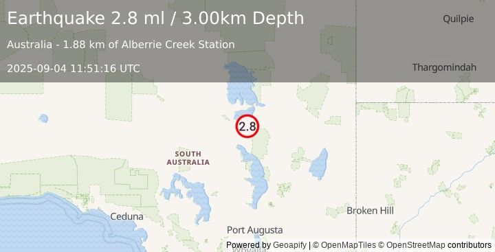 Earthquake SOUTH AUSTRALIA (2.8 ml) (2025-09-04 11:51:16 UTC)