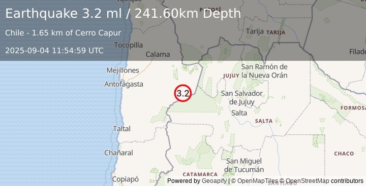 Earthquake ANTOFAGASTA, CHILE (3.2 ml) (2025-09-04 11:54:59 UTC)