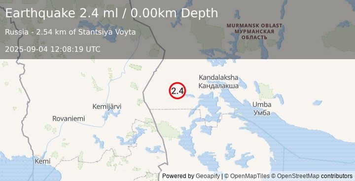 Earthquake NORTHWESTERN RUSSIA (2.4 ml) (2025-09-04 12:08:19 UTC)