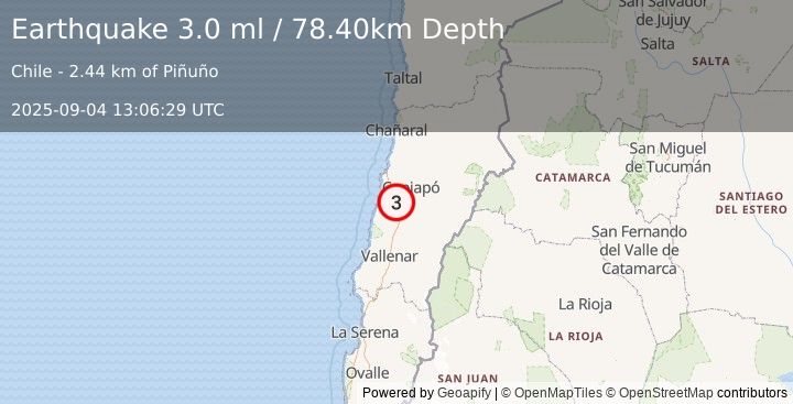 Earthquake ATACAMA, CHILE (3.0 ml) (2025-09-04 13:06:29 UTC)