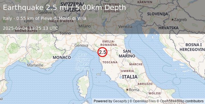 Earthquake NORTHERN ITALY (2.8 ml) (2025-09-04 13:25:12 UTC)