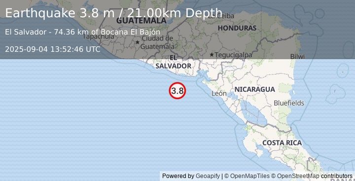 Earthquake OFFSHORE EL SALVADOR (3.8 m) (2025-09-04 13:52:46 UTC)