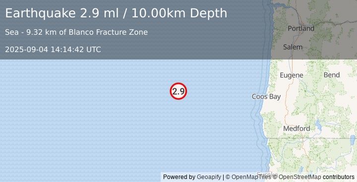 Earthquake OFF COAST OF OREGON (2.9 ml) (2025-09-04 14:14:42 UTC)