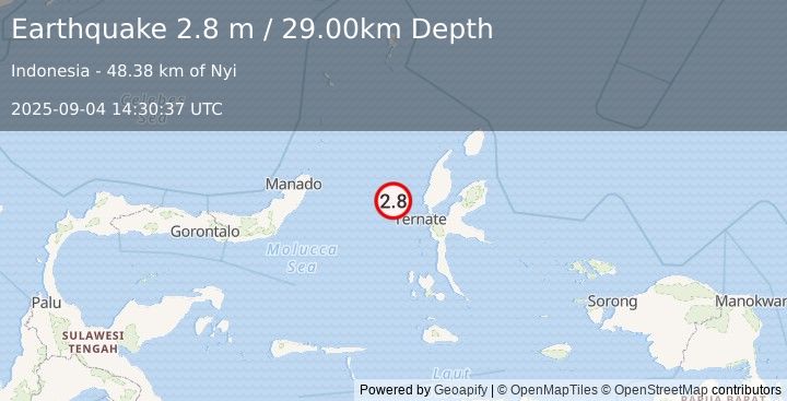 Earthquake MOLUCCA SEA (2.8 m) (2025-09-04 14:30:37 UTC)