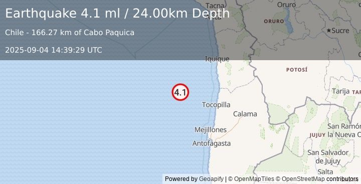 Earthquake OFF COAST OF ANTOFAGASTA, CHILE (4.0 ml) (2025-09-04 14:39:33 UTC)