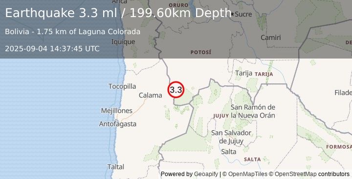 Earthquake POTOSI, BOLIVIA (3.3 ml) (2025-09-04 14:37:45 UTC)
