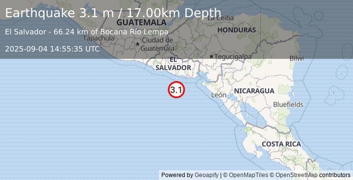 Earthquake OFFSHORE EL SALVADOR (3.1 m) (2025-09-04 14:55:35 UTC)