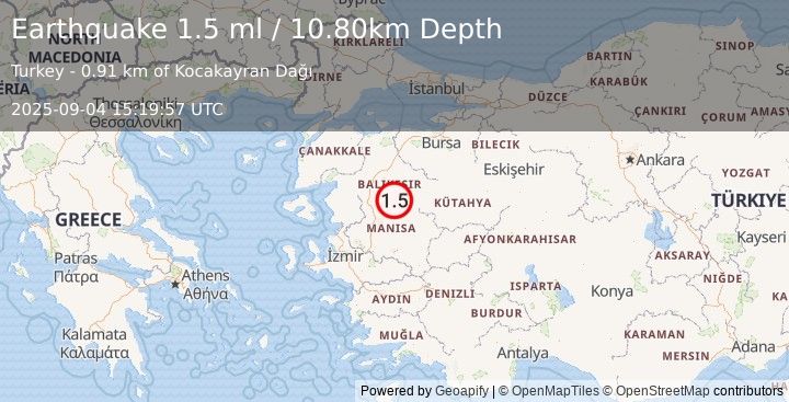Earthquake WESTERN TURKEY (1.5 ml) (2025-09-04 15:19:57 UTC)
