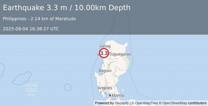 Earthquake LUZON, PHILIPPINES (3.3 m) (2025-09-04 16:38:27 UTC)