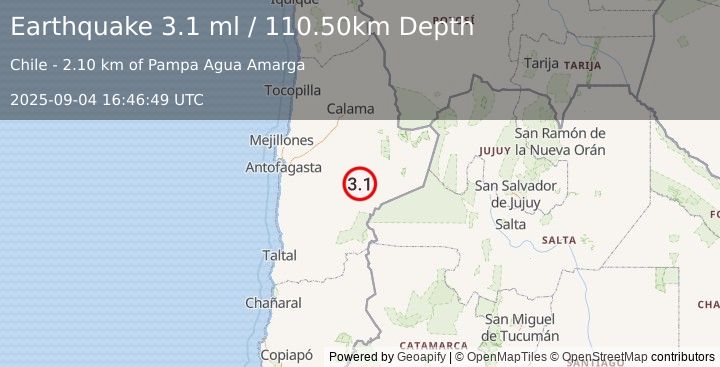 Earthquake ANTOFAGASTA, CHILE (3.1 ml) (2025-09-04 16:46:49 UTC)