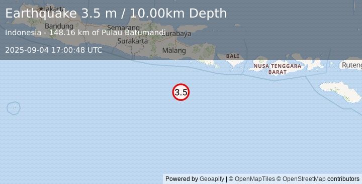 Earthquake SOUTH OF JAVA, INDONESIA (3.5 m) (2025-09-04 17:00:48 UTC)