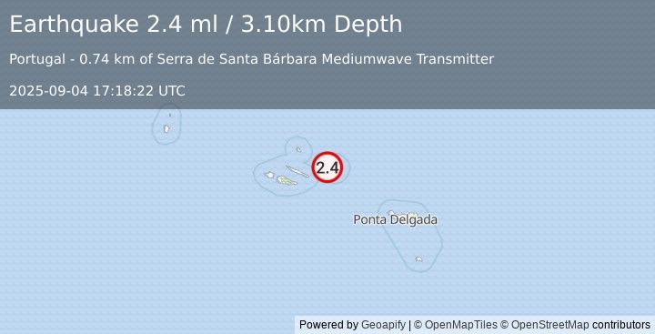 Earthquake AZORES ISLANDS, PORTUGAL (2.4 ml) (2025-09-04 17:18:22 UTC)
