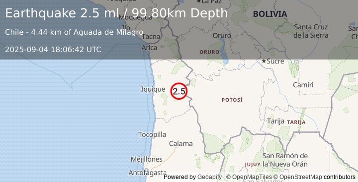 Earthquake TARAPACA, CHILE (2.5 ml) (2025-09-04 18:06:42 UTC)