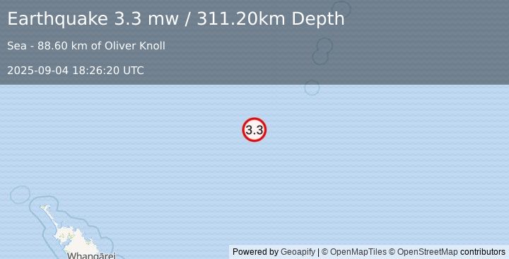 Earthquake SOUTH OF KERMADEC ISLANDS (3.3 mw) (2025-09-04 18:26:20 UTC)