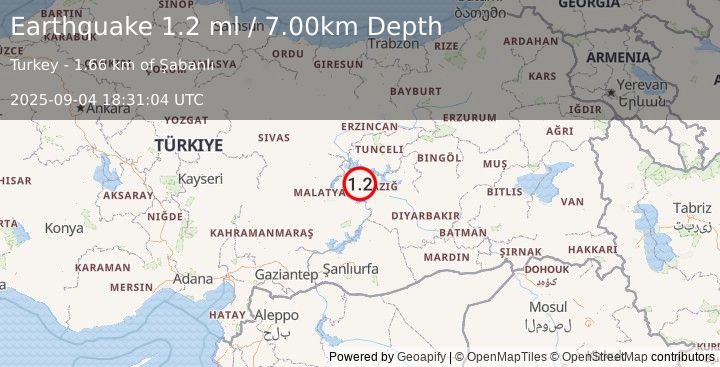 Earthquake EASTERN TURKEY (1.2 ml) (2025-09-04 18:31:04 UTC)