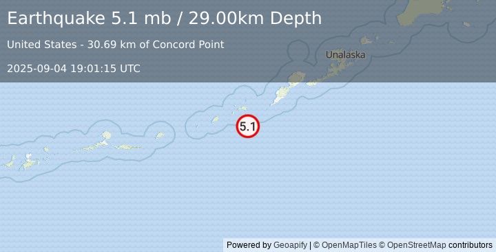 Earthquake FOX ISLANDS, ALEUTIAN ISLANDS (5.1 mb) (2025-09-04 19:01:10 UTC)