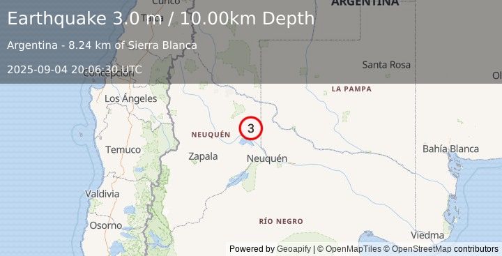 Earthquake NEUQUEN, ARGENTINA (3.0 m) (2025-09-04 20:06:30 UTC)