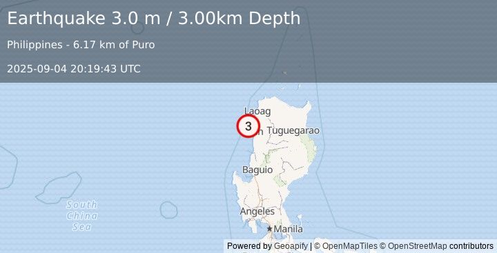Earthquake LUZON, PHILIPPINES (3.0 m) (2025-09-04 20:19:43 UTC)