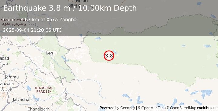Earthquake WESTERN XIZANG (3.8 m) (2025-09-04 21:20:05 UTC)