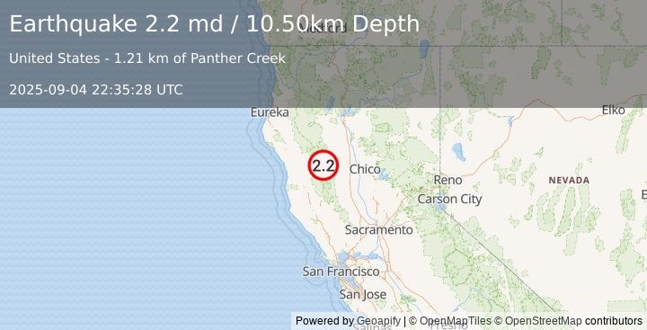 Earthquake NORTHERN CALIFORNIA (2.2 md) (2025-09-04 22:35:28 UTC)
