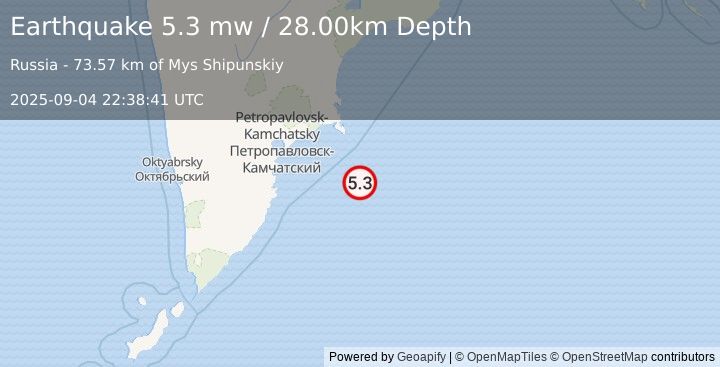 Earthquake OFF EAST COAST OF KAMCHATKA (5.5 mb) (2025-09-04 22:38:41 UTC)