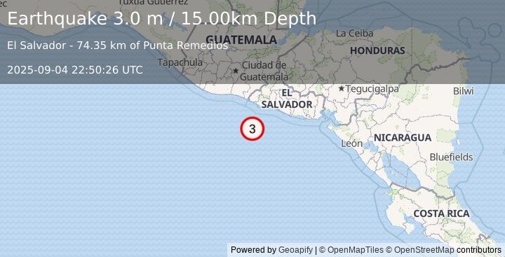Earthquake OFFSHORE EL SALVADOR (3.0 m) (2025-09-04 22:50:26 UTC)