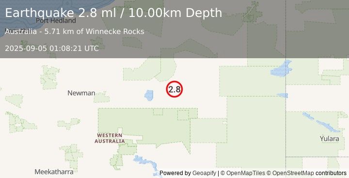 Earthquake WESTERN AUSTRALIA (2.8 ml) (2025-09-05 01:08:21 UTC)
