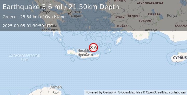 Earthquake CRETE, GREECE (3.6 ml) (2025-09-05 01:30:59 UTC)