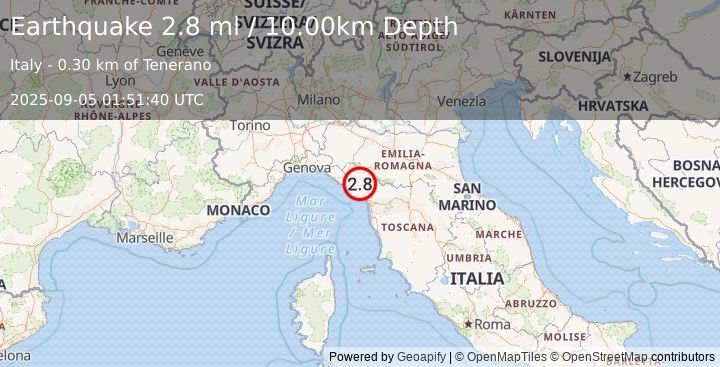 Earthquake NORTHERN ITALY (2.8 m) (2025-09-05 01:51:39 UTC)