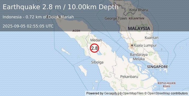 Earthquake NORTHERN SUMATRA, INDONESIA (2.8 m) (2025-09-05 02:55:05 UTC)