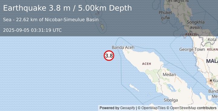 Earthquake OFF W COAST OF NORTHERN SUMATRA (3.8 m) (2025-09-05 03:31:19 UTC)