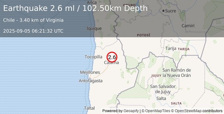Earthquake ANTOFAGASTA, CHILE (2.6 ml) (2025-09-05 06:21:32 UTC)