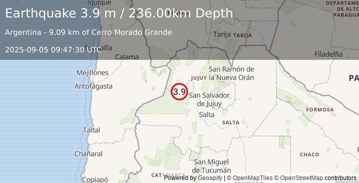 Earthquake JUJUY, ARGENTINA (3.9 m) (2025-09-05 09:47:30 UTC)
