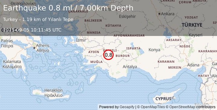 Earthquake WESTERN TURKEY (0.8 ml) (2025-09-05 10:11:45 UTC)
