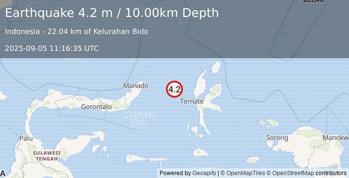 Earthquake MOLUCCA SEA (4.2 m) (2025-09-05 11:16:35 UTC)