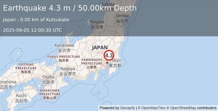 Earthquake EASTERN HONSHU, JAPAN (4.5 mb) (2025-09-05 12:00:11 UTC)