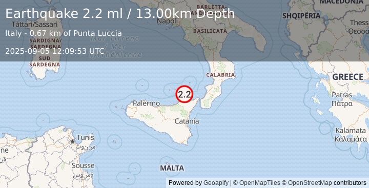 Earthquake SICILY, ITALY (2.2 ml) (2025-09-05 12:09:53 UTC)