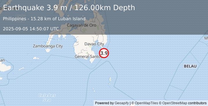 Earthquake MINDANAO, PHILIPPINES (3.9 m) (2025-09-05 14:50:07 UTC)