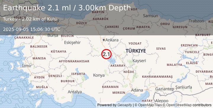 Earthquake CENTRAL TURKEY (2.1 ml) (2025-09-05 15:06:30 UTC)