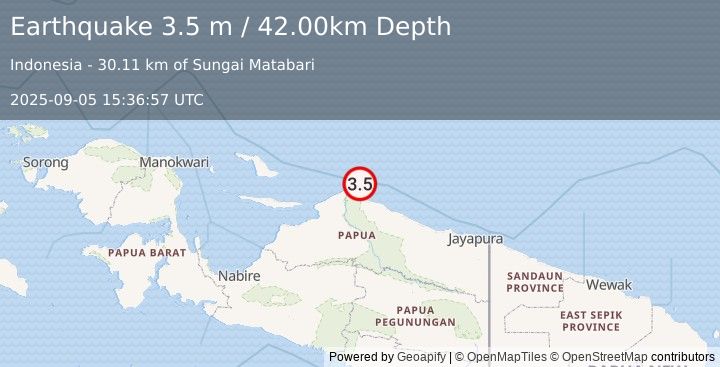 Earthquake NEAR N COAST OF PAPUA, INDONESIA (3.5 m) (2025-09-05 15:36:57 UTC)