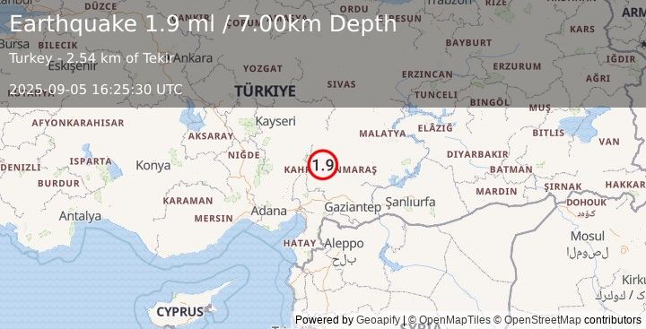 Earthquake CENTRAL TURKEY (1.9 ml) (2025-09-05 16:25:30 UTC)