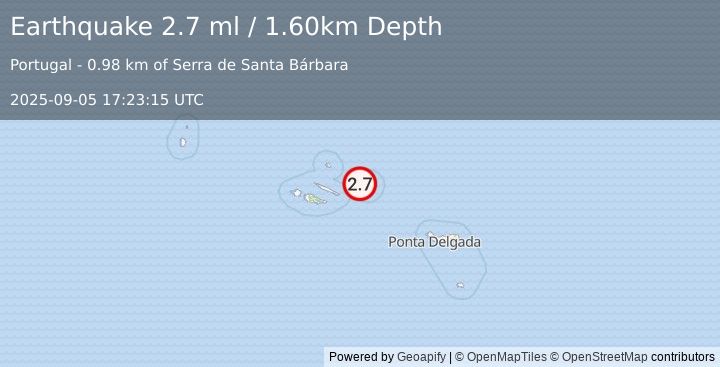 Earthquake AZORES ISLANDS, PORTUGAL (2.7 ml) (2025-09-05 17:23:15 UTC)