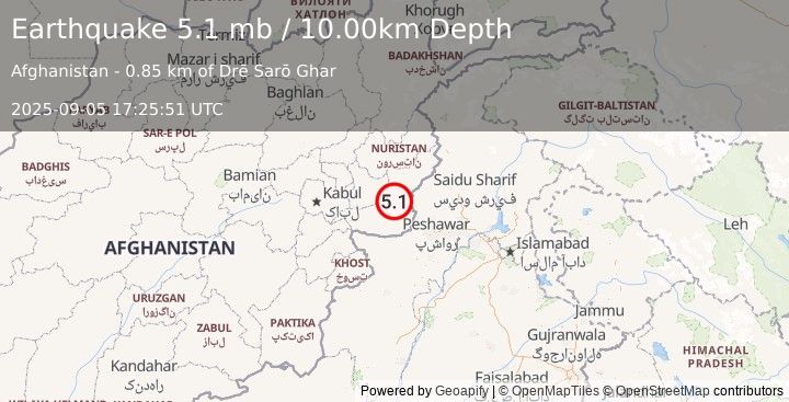 Earthquake HINDU KUSH REGION, AFGHANISTAN (5.2 mb) (2025-09-05 17:25:51 UTC)