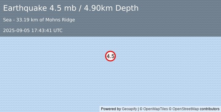 Earthquake NORWEGIAN SEA (4.5 mb) (2025-09-05 17:43:41 UTC)
