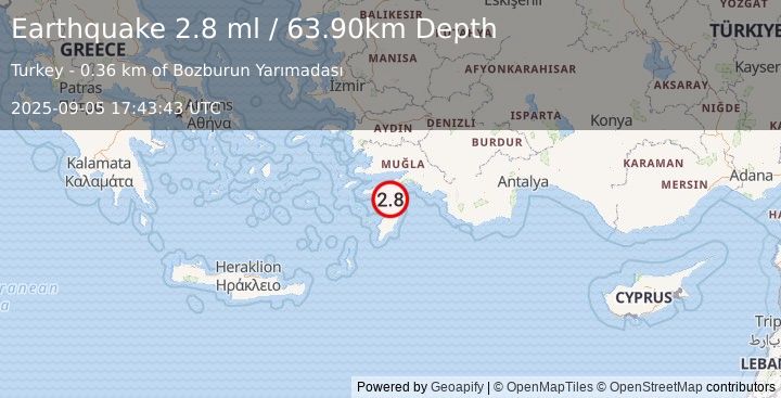Earthquake DODECANESE IS.-TURKEY BORDER REG (2.8 ml) (2025-09-05 17:43:45 UTC)