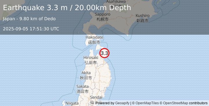 Earthquake HOKKAIDO, JAPAN REGION (3.3 m) (2025-09-05 17:51:30 UTC)